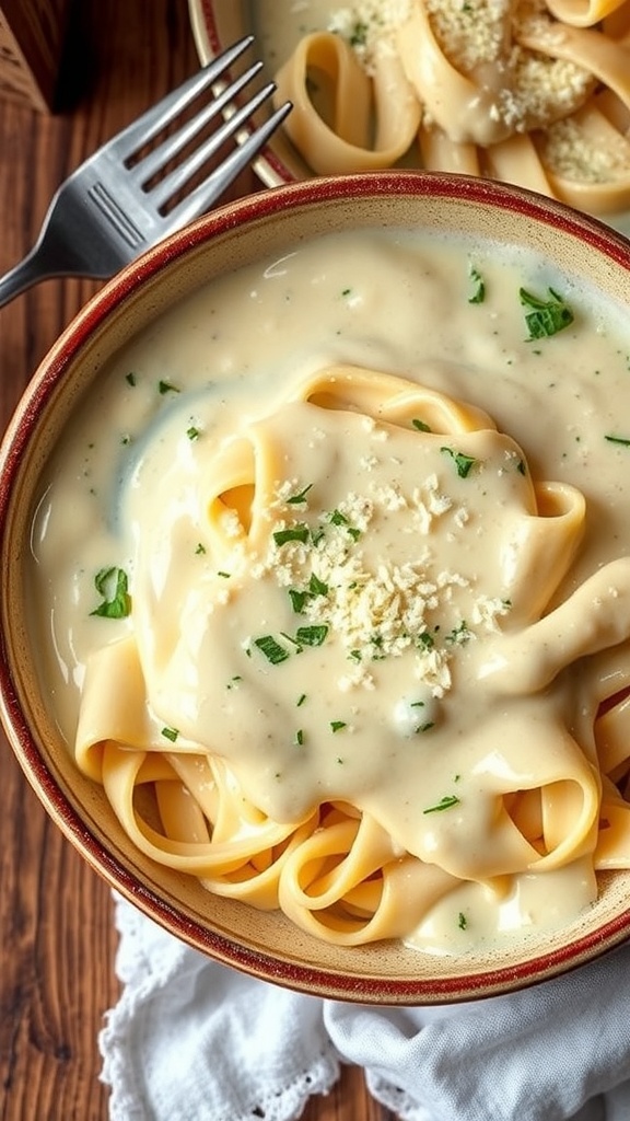 A bowl of creamy Parmesan Alfredo sauce over fettuccine pasta, garnished with parsley and Parmesan cheese.